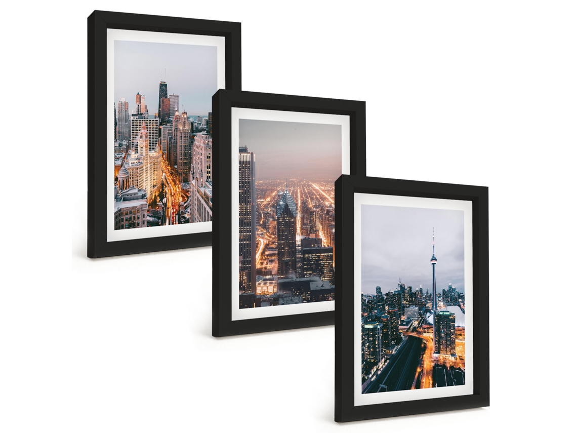 Composição De Quadros Cidades À Noite, Arranha-céus, Luzes Espelharte (3 Peças 20x30 Cm)