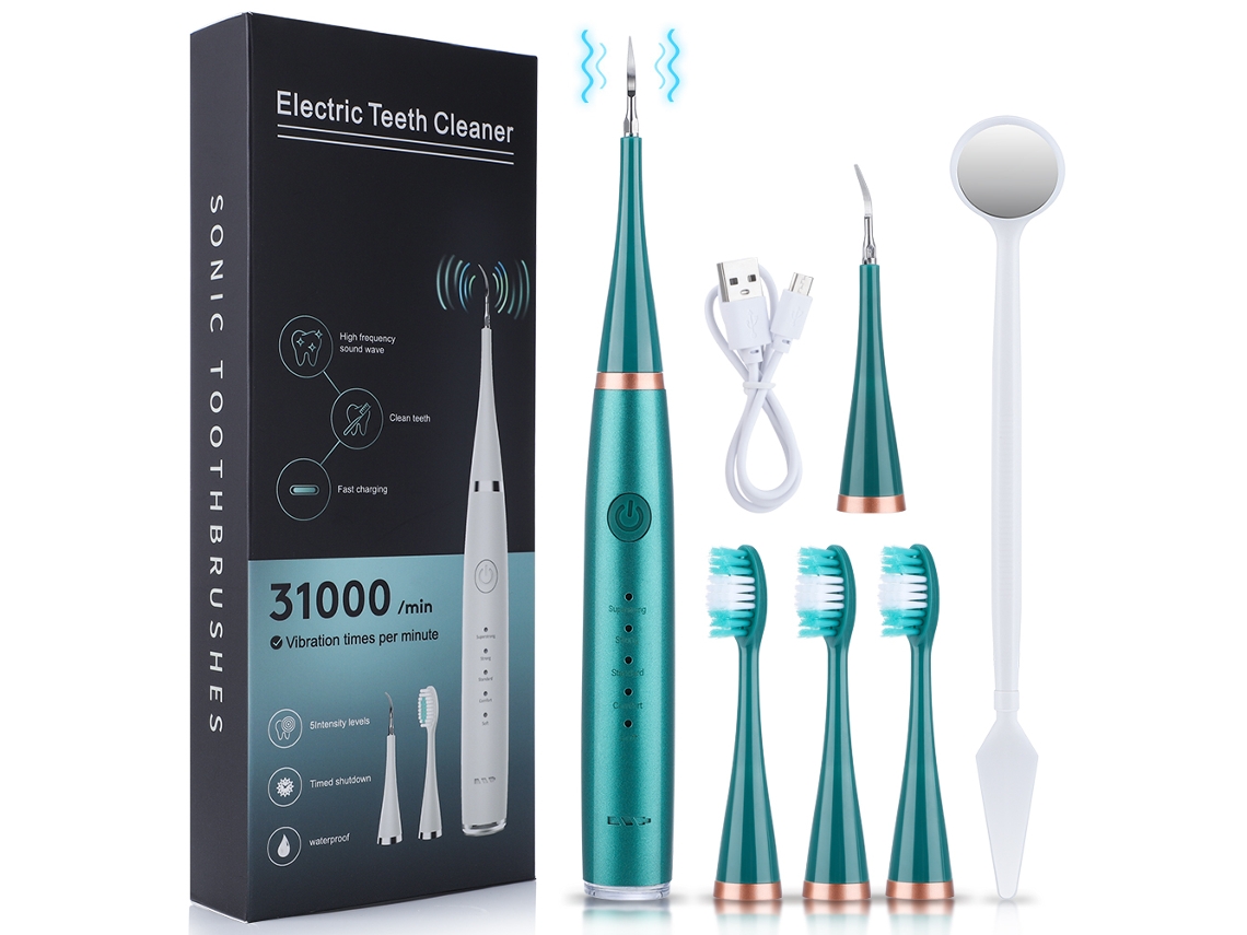 Kit de Limpeza Dental Ultrassônica Elétrica, Remove Placa Bacteriana, Manchas de Tabaco e Tártaro. MDUG (verde)