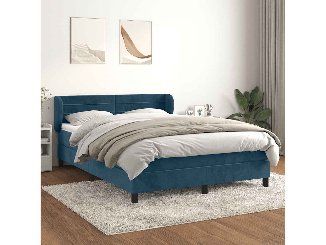 Vidaxl Cama Com Molas/colchão 140x190 Cm Veludo Azul-escuro