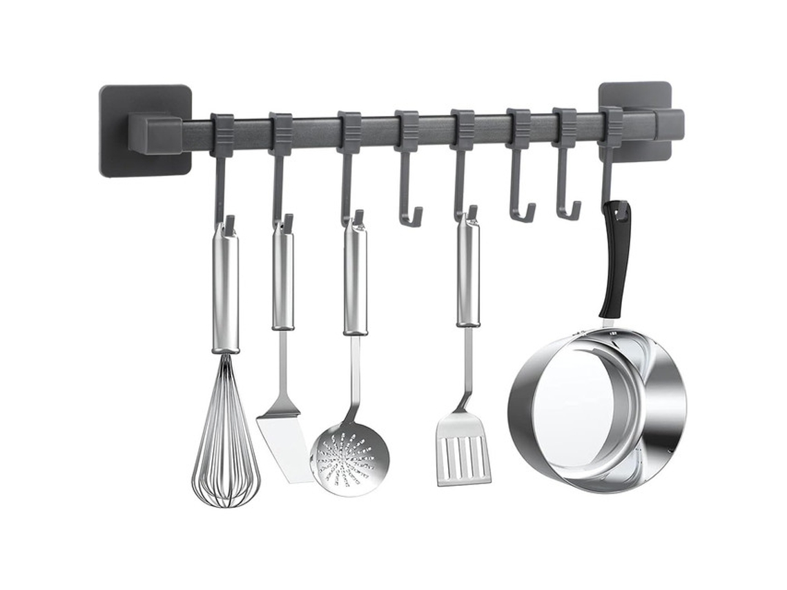 Suporte De Cozinha Com 8 Ganchos Em Aço Carbono E Abs - Preto - Tommy01