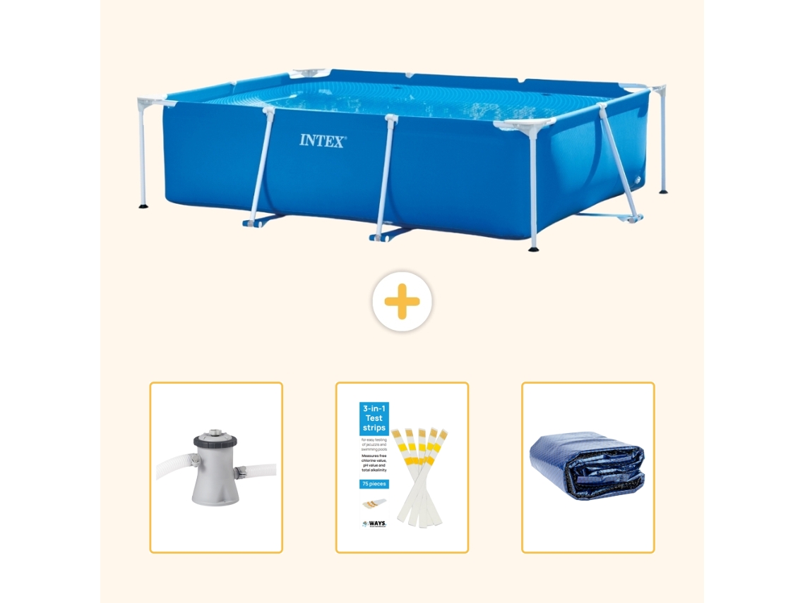 Piscina com Estrutura Retangular INTEX 220 X 150 X 60 Cm Azul Incluída Bomba de Filtro de Piscina Tiras de Teste Vela Solar
