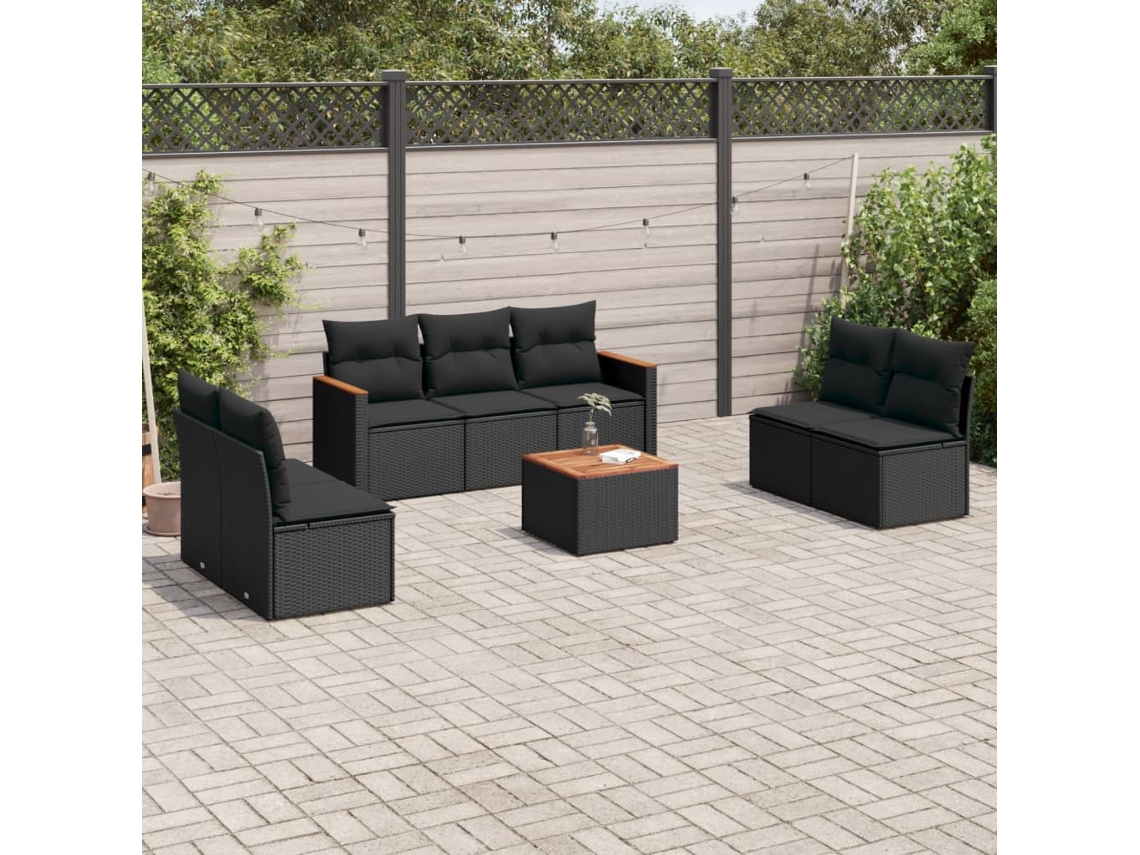 Vidaxl 8 Pcs Conjunto Sofás De Jardim Com Almofadões Vime Pe Preto