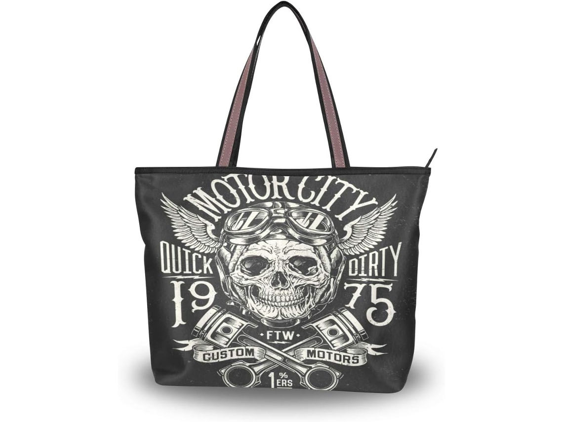 Bolsa de Ombro Feminina Grande com Zíper Vintage para Motocicleta 40 X 29 X 9 Cm Tecido de Poliéste Estampa em