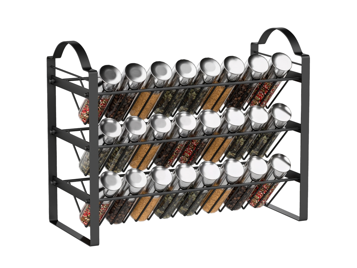 Organizador de Temperos 3 Níveis com prateleiras inclinadas em metal preto BTFORUS