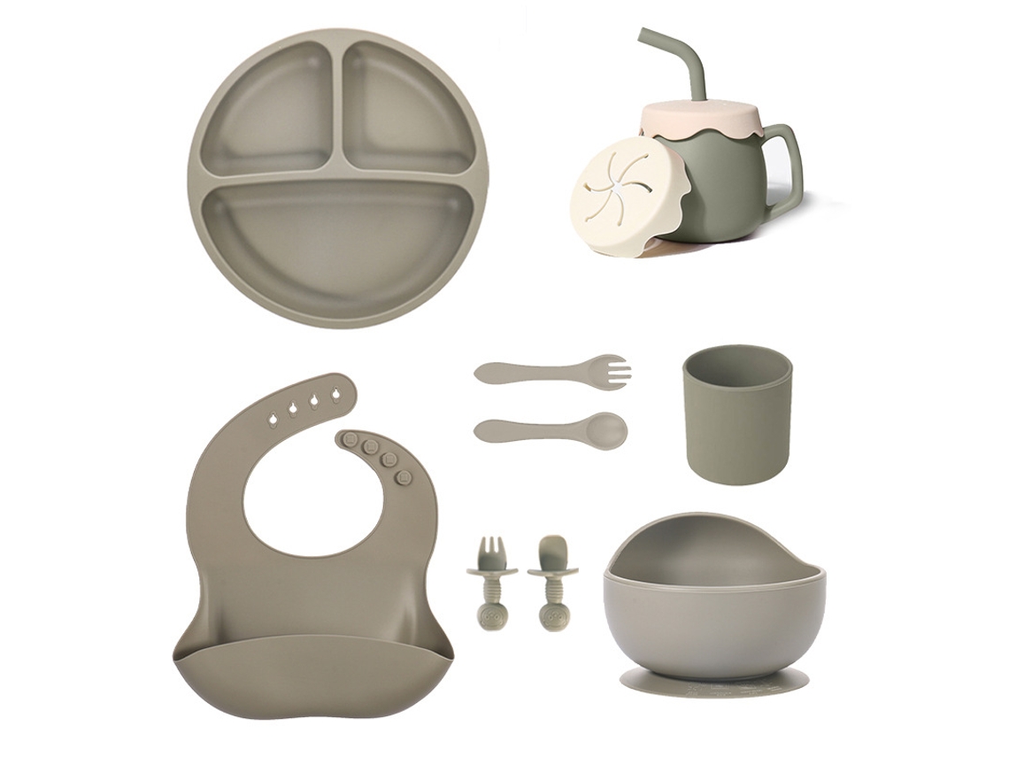 Conjunto de Loiça Infantil, Conjunto de 10 Peças, Prato de Silicone com Ventosa. Verde Militar CZHHMART