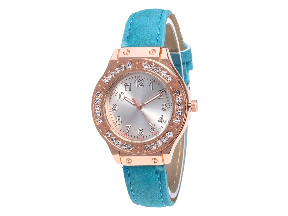 Relógio feminino de quartzo com pulseira de couro sintético e strass, mostrador com números (azul claro)