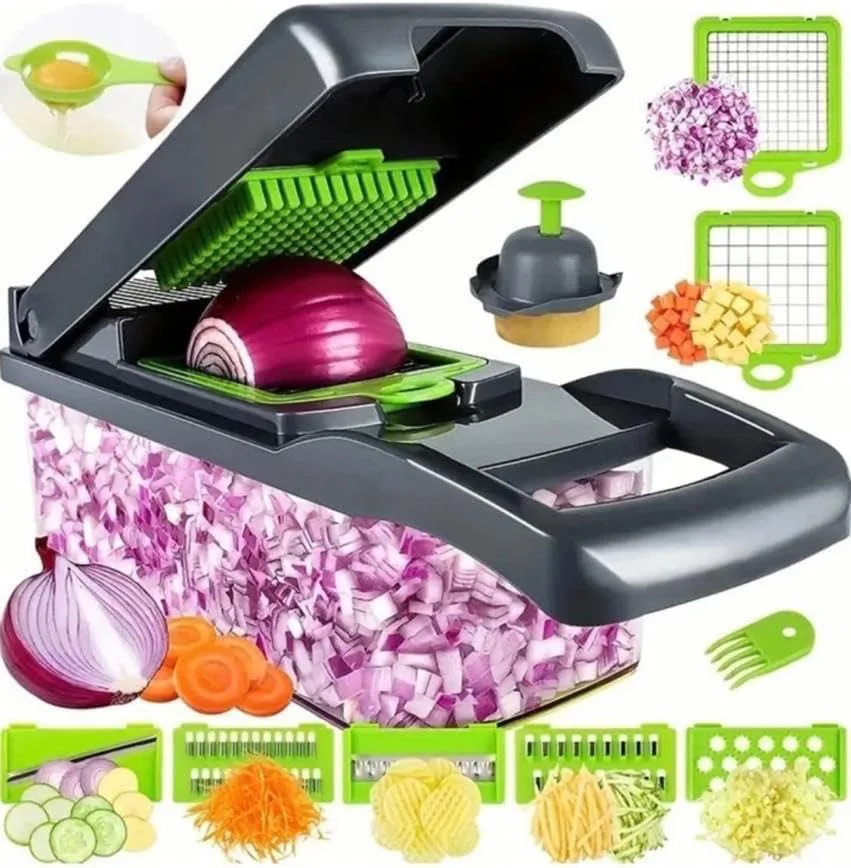 Cortador de Legumes Multifuncional com Cabo, Feito de Aço Inoxidável e Plástico. MDUG (14 em 1)