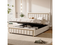 Cama De Casal 140x190, Cama Estofada Com Riscas Verticais E Bordas Douradas, Estrutura De Cama Para Quarto, Elegante E Imponente, Veludo, Bege,simurq