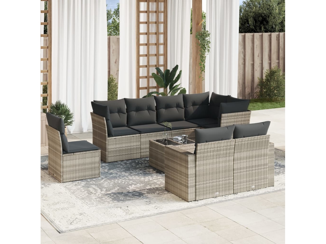 Vidaxl 9 Pcs Conj. Sofás Jardim Com Almofadões Vime Pe Cinzento-claro