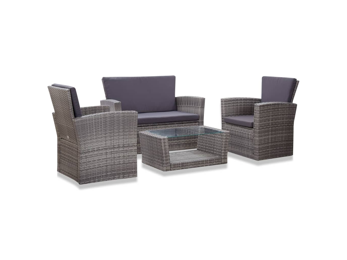 Vidaxl 4 Pcs Conjunto Lounge De Jardim C/ Almofadões Vime Pe Cinzento