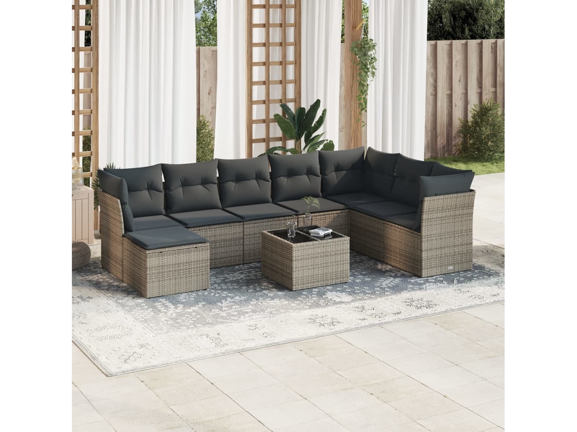 Vidaxl 9 Pcs Conjunto Sofás P/ Jardim com Almofadões Vime Pe Cinzento