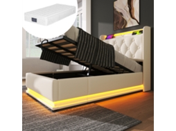 Cama Solteiro Branca 90x200cm Estofada, Led 360°, Usb-c, Hidráulica (c/ Colchão). -op