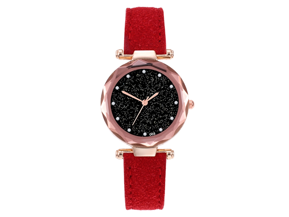 Relógio de Pulso Feminino de Quartzo com Pulseira de Couro Pu e Pedras Brilhantes (vermelho)