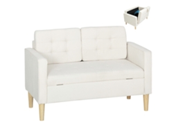 Sofá Para 2 Pessoas, Encosto Botonado, 117x62x78 Cm, Creme Sofisticada, Com Guarda E Pés De Madeira