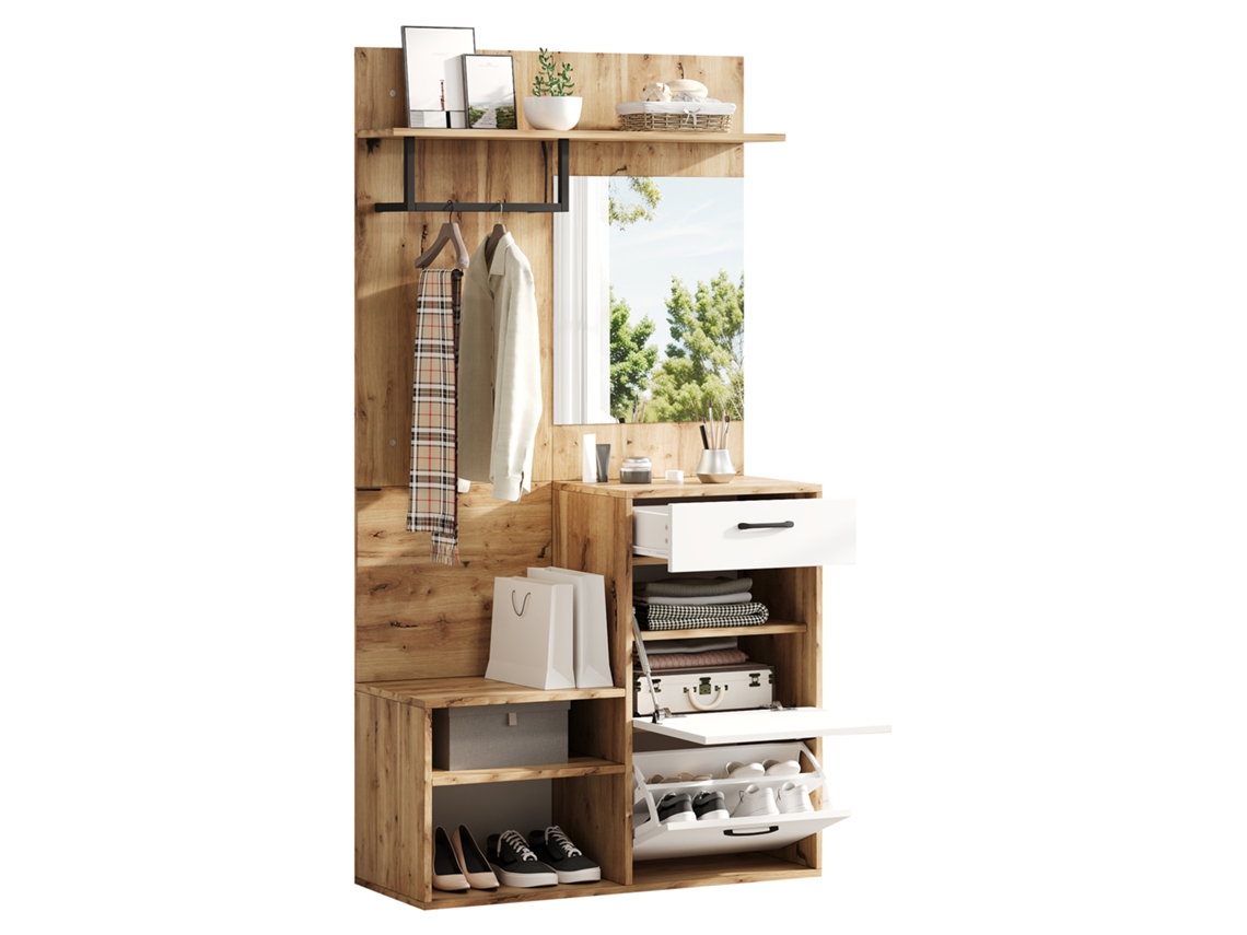 Roupeiro PENGJIANG com dimensões 100x38,5x190 cm, espelho, banco e prateleira