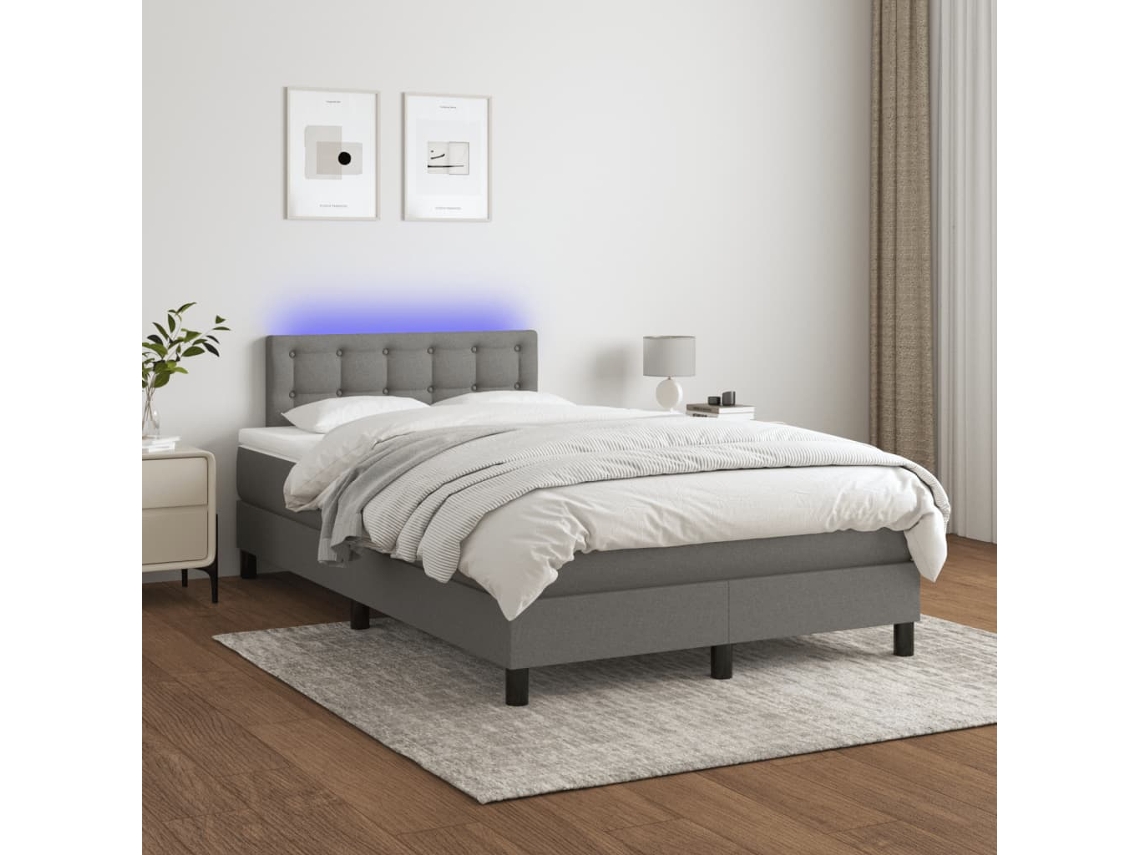 Vidaxl Cama Box Spring C/ Colchão E Led 120x200 Cm Tecido Cinza-escuro