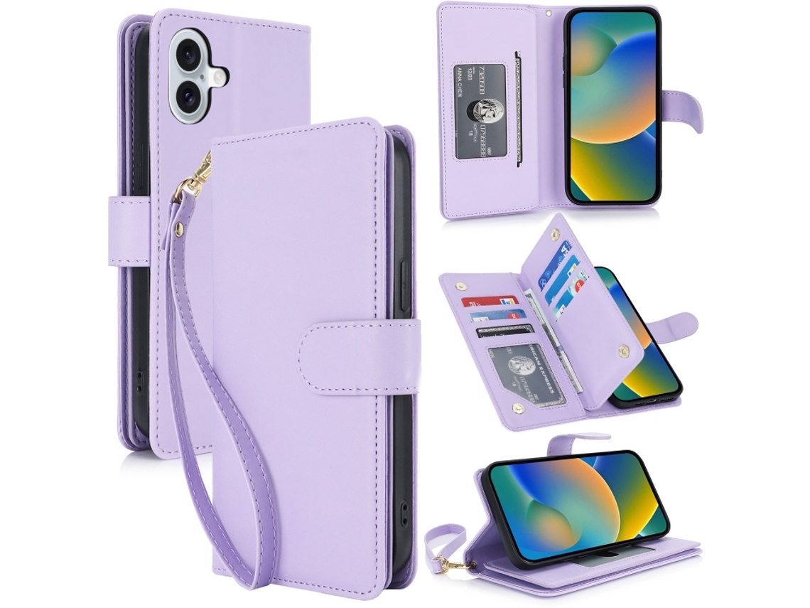 Capa Carteira De Couro Para Iphone 16 - Com Rfid - Para Vários Cartões