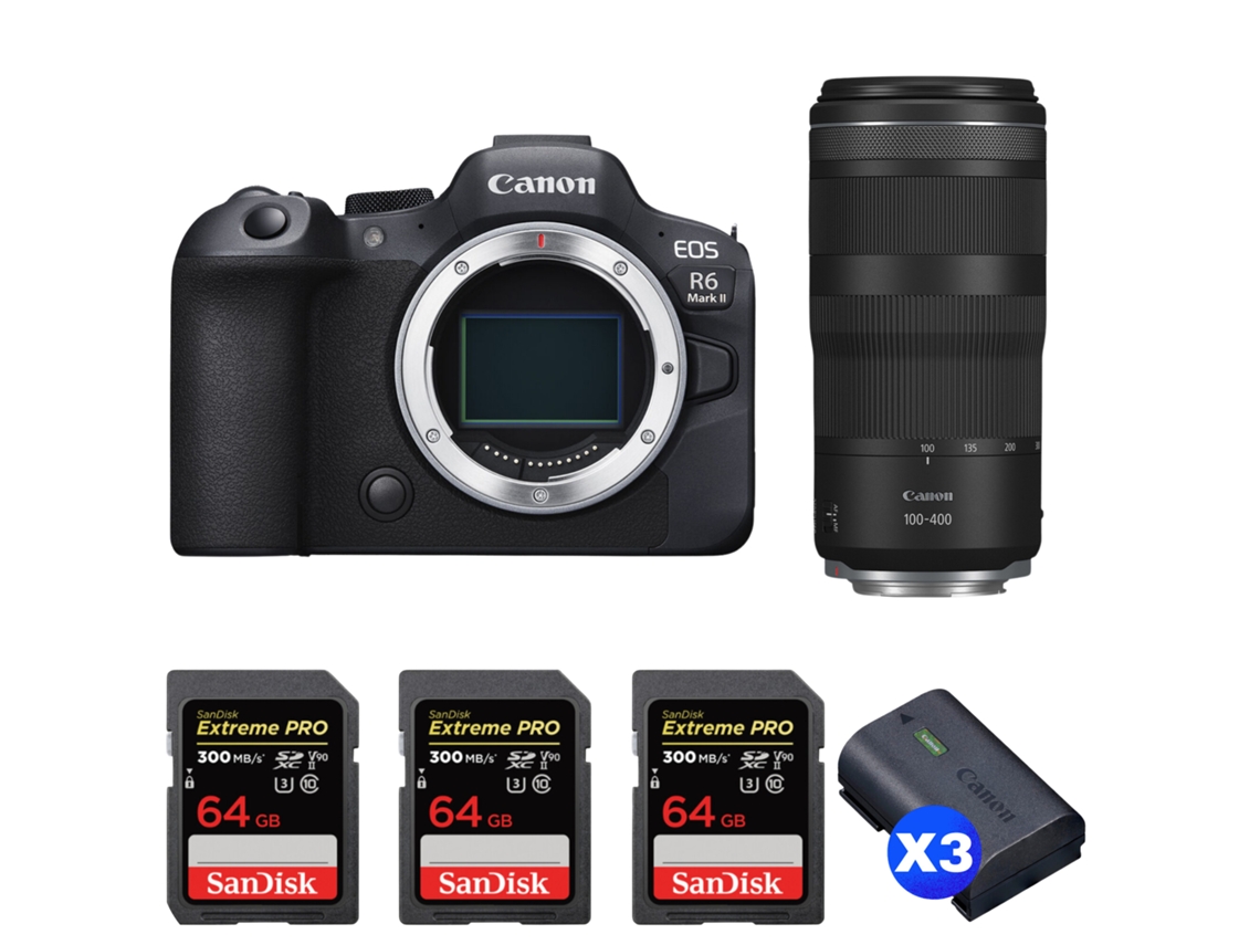 Eos R6 Mark Ii + Rf 100 400mm F/5.6 8 Is Usm + 3 Sandisk 64gb Uhs ii 300mb/s + 3 Canon Lp e6nh + Ebook “20 Dicas para Fotos Que Impressionam” CANON