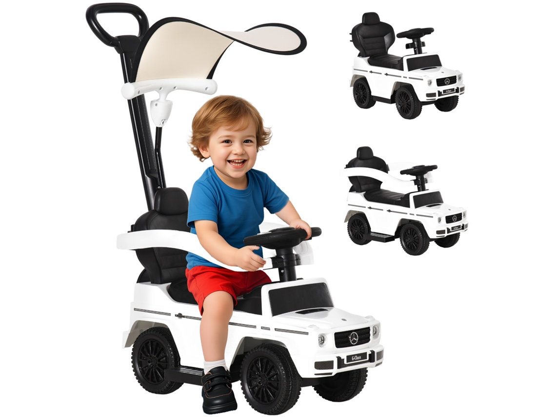 Carrinho Elétrico Infantil Completo, Para Crianças De 12 A 36 Meses, Com Buzina, Apoio Para Os Pés, Barras De Segurança E Protetor Solar, Branco.