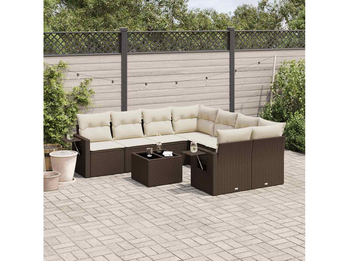 Vidaxl 9 Pcs Conjunto Sofás P/ Jardim C/ Almofadões Vime Pe Castanho