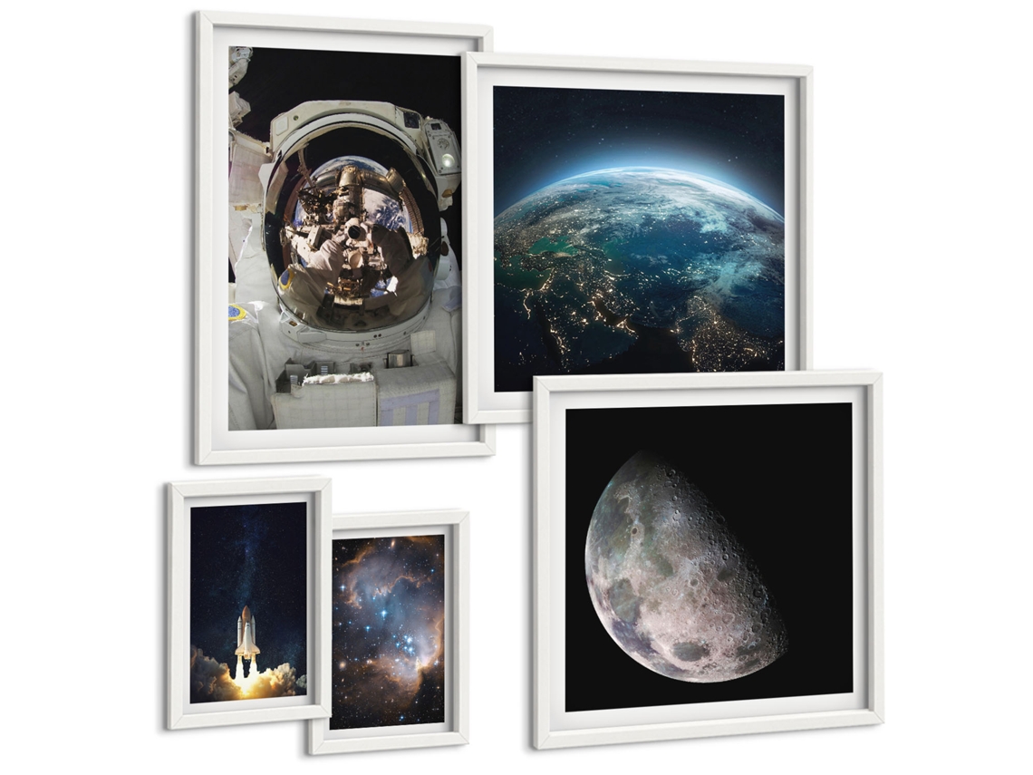 Composição De Quadros Espaço, Terra, Foguete, Galáxia Moldura Branca Fotos Para O Escritório Espelharte (conjunto De 5 Imagens)