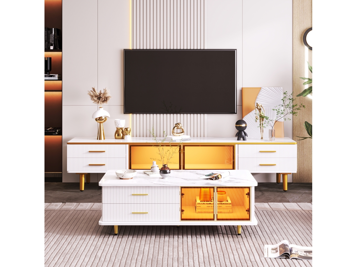 Móvel para TV 170x35x50 cm, 4 Portas, Ranhuradas e Envidraçadas, Puxadores e Pés Dourados, Branco KOMHTOM