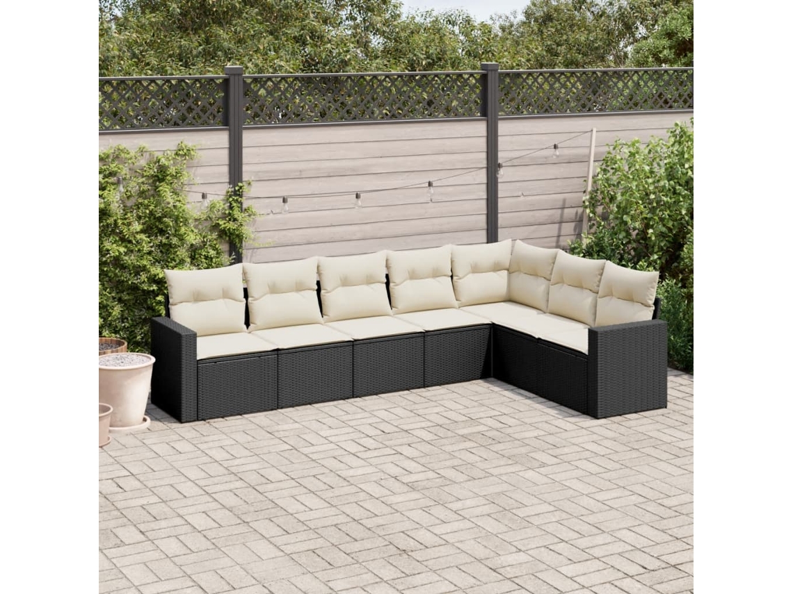 Jogo de Sofá 7 Peças P/ Jardim C/ Almofadões Vime Pe Preto Dkd Home Decor
