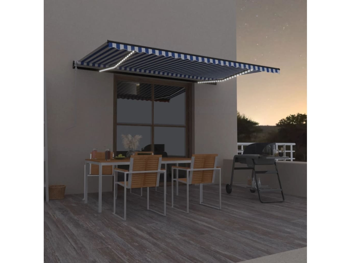 Vidaxl Toldo Autom. Com Led E Sensor De Vento 500x350 Cm Azul/branco