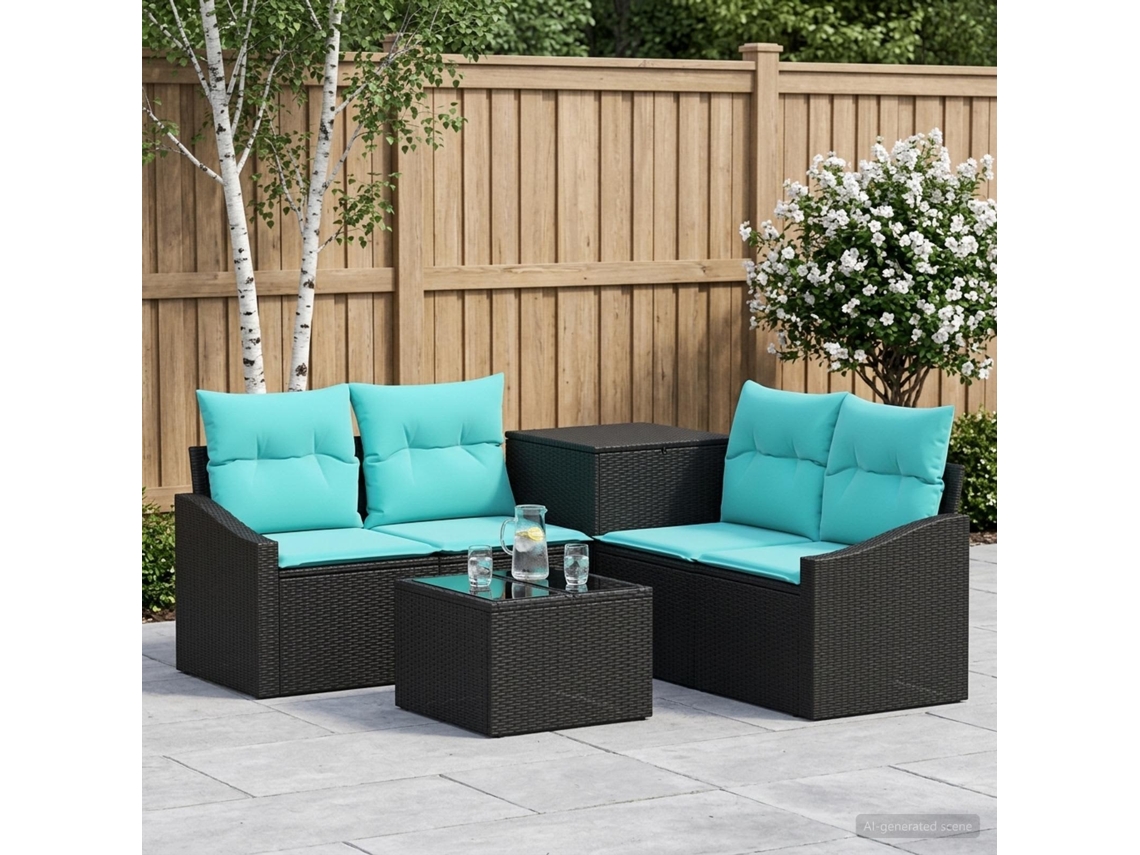 Vidaxl Conjunto De Sofás 6 Unid. Preto E Azul Rattan Poliéster E Aço