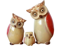 Conjunto 3 Esculturas Corujas Cerâmica Laranja Decoração Peças Criativas Charmosas Estar Quarto Casa Sala GOKOCO