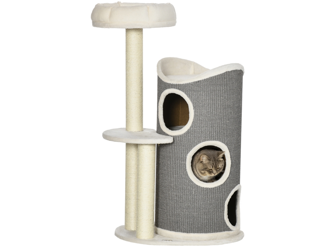 Árvore De Arranhador 109 Cm Com Barril E Cama, Postes De Sisal, Moderna, Branco E Cinza
