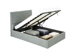 Cama Com Arrumação E Cabeceira Acolchoada Em Madeira E Metal, 195x141x106 Cm, Cinza