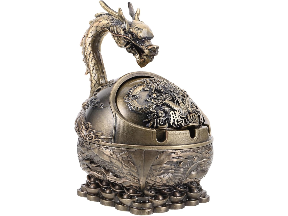 Cinzeiro Vintage Em Metal Com Escultura De Dragão E Tampa À Prova De Vento.