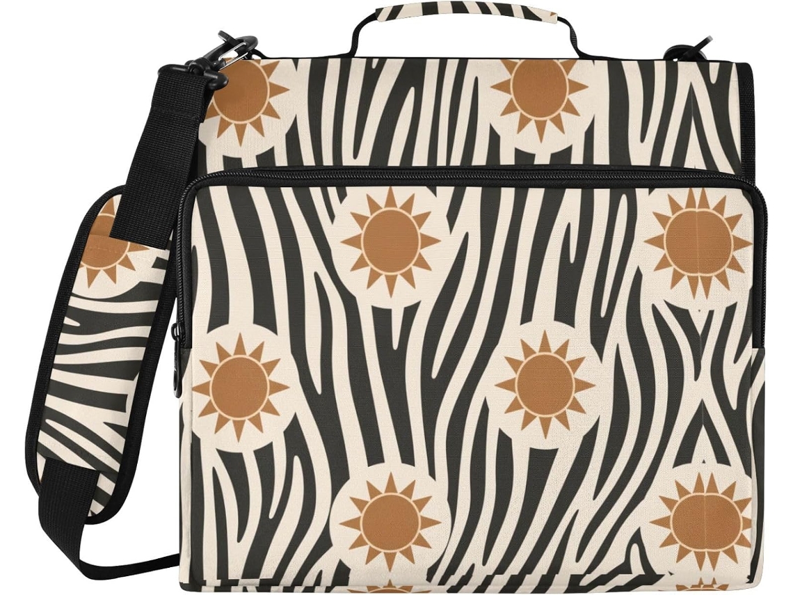 Conjunto de 3 argolas com estampa boho listrada, zíper de 3,8 cm, alça de ombro e bolso com zíper para guardar objetos. Inclui organizador.