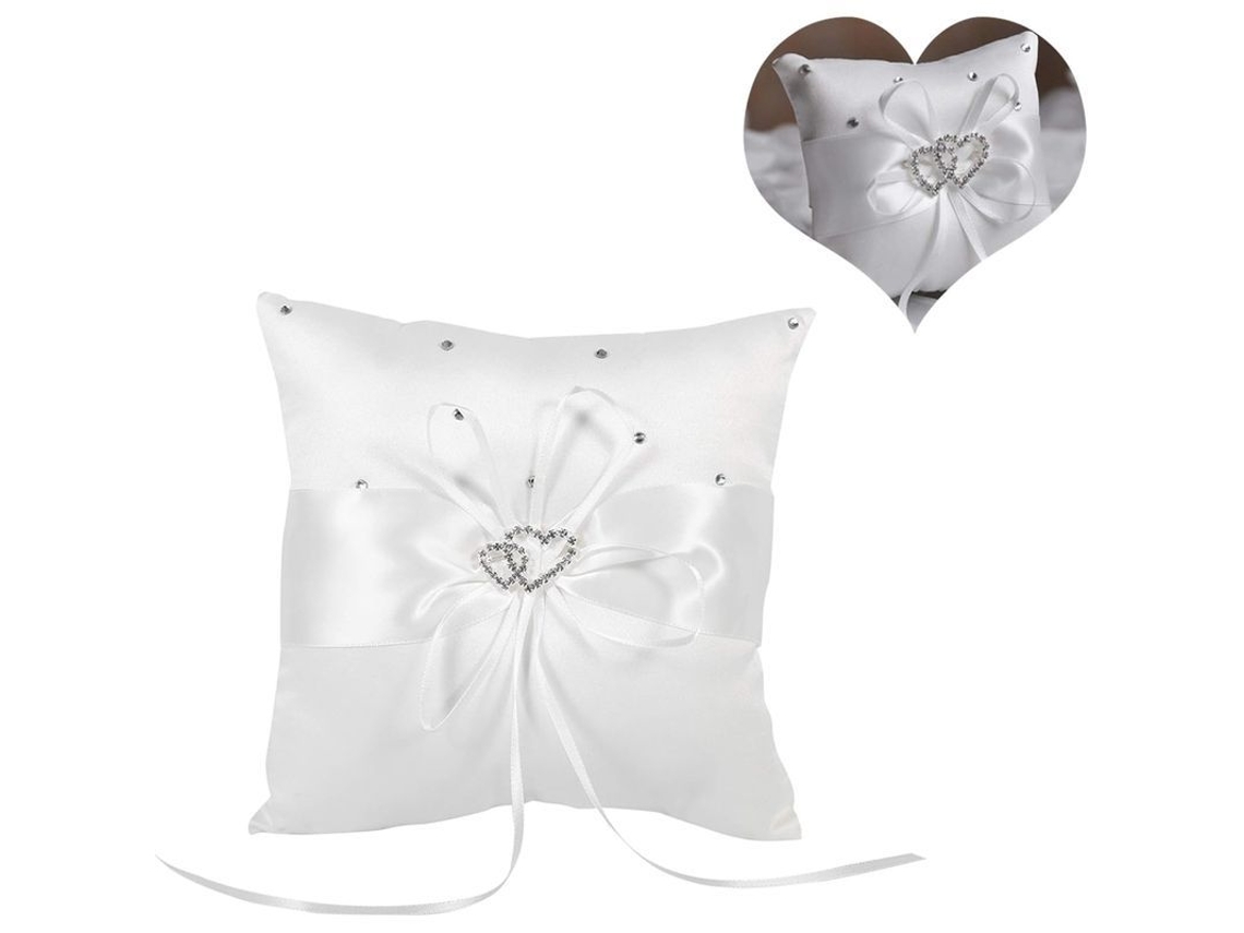 Almohadilla Anillo Boda 20x20cm Corazones Dobles Diamantes Lazo Seda Reutilizable Blanco