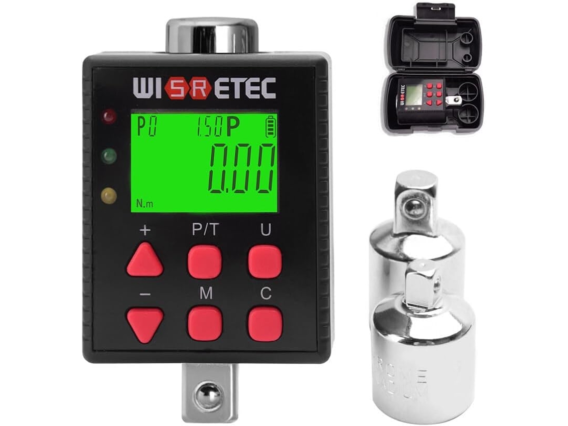 Medidor de torque digital com visor retroiluminado e dois modos de operação.