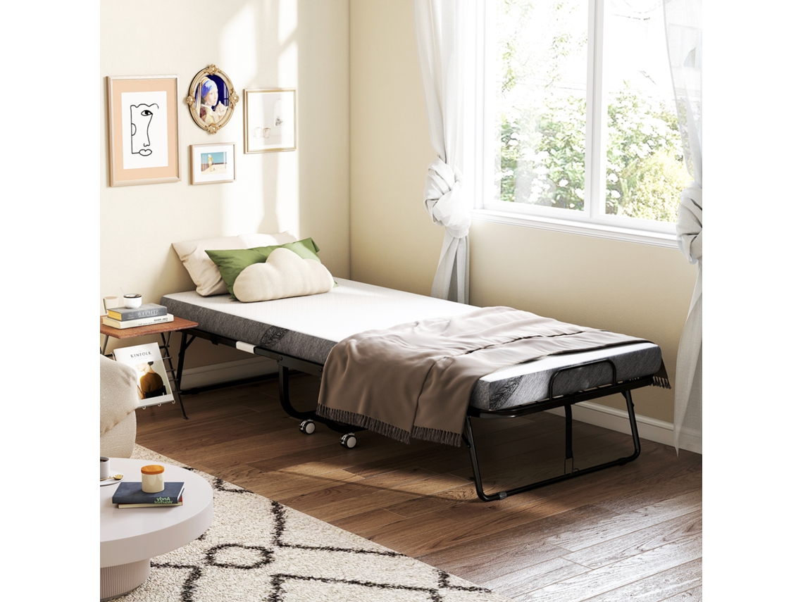 Cama Dobrável 200x90x42.5cm Leito De Campismo Portátil Com Colchão Individual Rodas E Freios Carga Máxima 150kg Para Dormitórios Branco