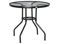 Mesa de Jardim Redonda com Orifício para Guarda sol e Tampo de Vidro, em Metal, Ø80x72 Cm, Preta. CHEZMOI