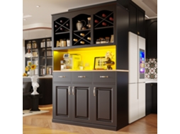Armário De Cozinha (120×40×180 Cm), Buffet Alto Multifuncional, Armário Para Lanches, Móvel Com Três Portas, Três Gavetas E Luz Led, Preto.