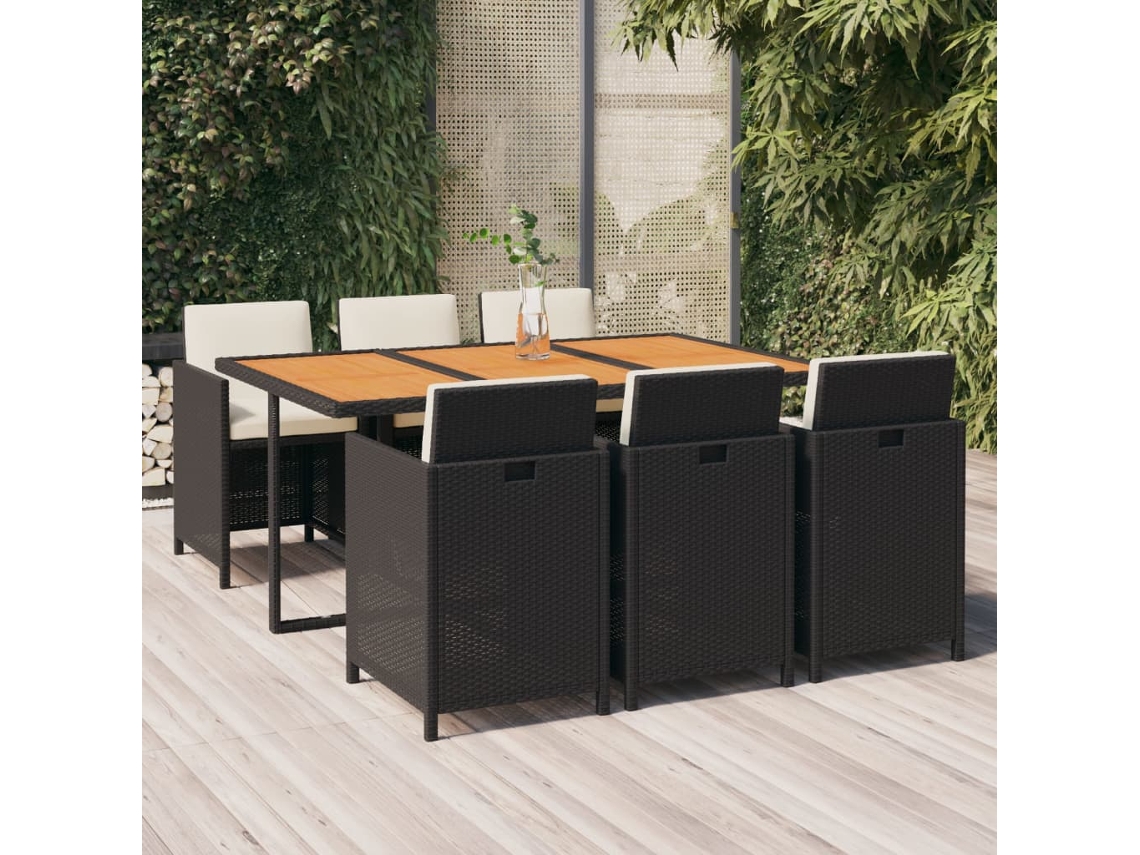 Vidaxl 7 Pcs Conjunto De Jantar P/ Jardim C/ Almofadões Vime Pe Preto