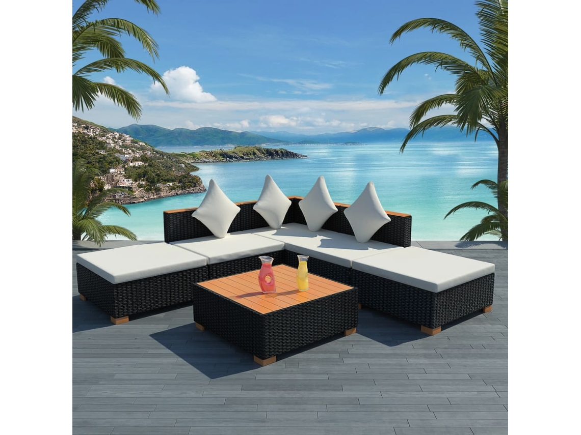 Vidaxl 6 Pcs Conjunto Lounge de Jardim C/ Almofadões Vime Pe Preto
