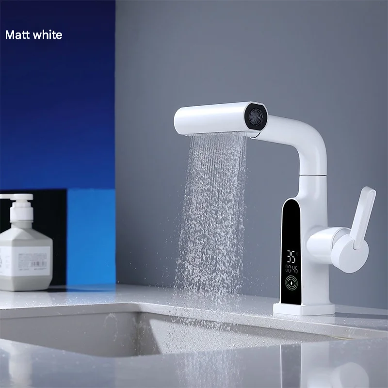 (branco) Torneira De Cozinha Digital Com Visor E Bico Extensível Para Mistura De Água Quente E Fria