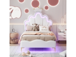 Cama de Princesa 90x200 Cm em Couro Pu Branco com Iluminação Led Ajustável e Cabeceira Estofada em Formato de Coroa. VSOGA