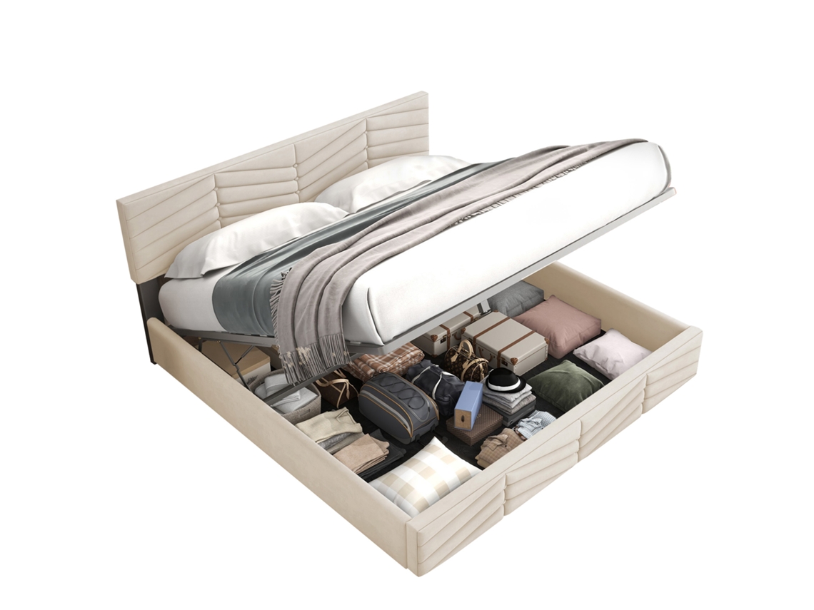 Cama Estofada 140x190 com Cabeceira Ajustável e Estrado de Ripas de Madeira,ideal para Adultos e Adolescentes,fácil Montagem,veludo Bege PAPRIKA