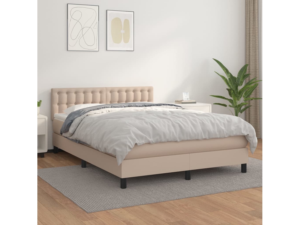 Vidaxl Cama Com Molas/colchão 140x190 Cm Couro Artificial Cappuccino