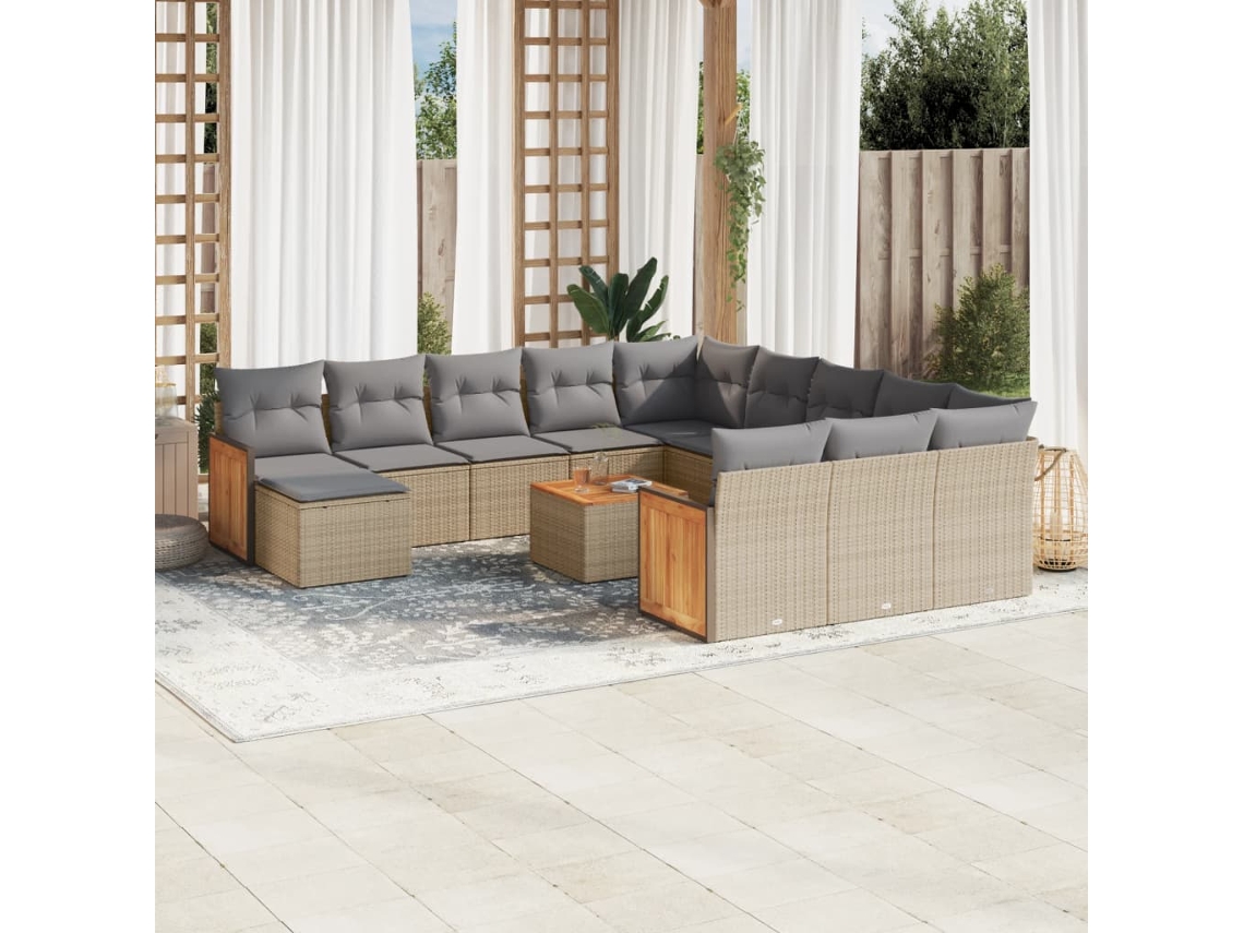 Vidaxl 13 Pcs Conjunto De Sofás P/ Jardim Com Almofadões Vime Pe Bege