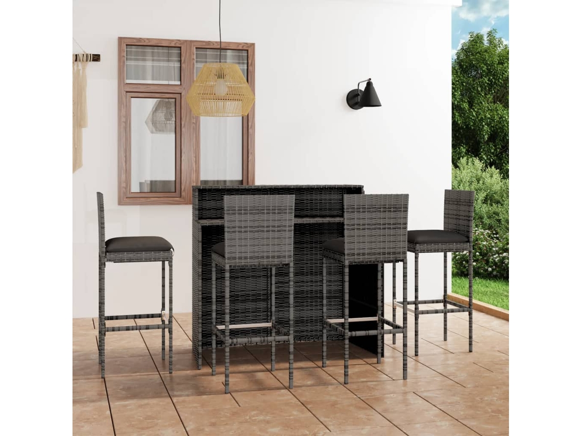 Vidaxl 5 Pcs Conjunto De Bar Para Jardim Com Almofadões Cinzento