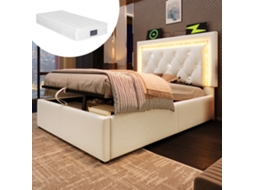 Cama Estofada 90x200 Cm Veludo Bege Led Usb Arrumação Hidráulica Estrado Ripas VSOGA