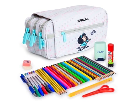 Estojo triplo com 3 zíperes e material escolar incluso. Mafalda Bird Colepack
