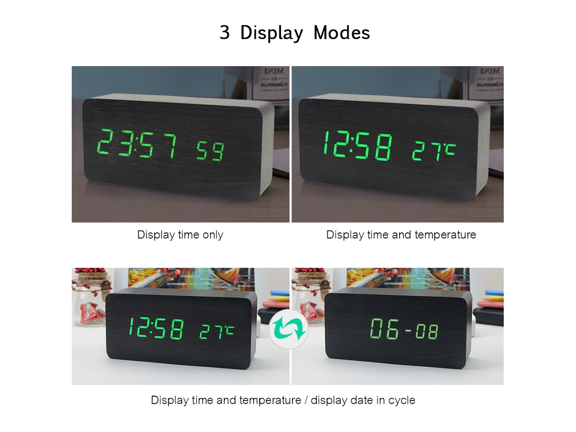 Despertador digital LED de madeira Baok com hora/temperatura/data, 3 níveis de brilho, controle de voz, alimentação USB ou por bateria - Preto